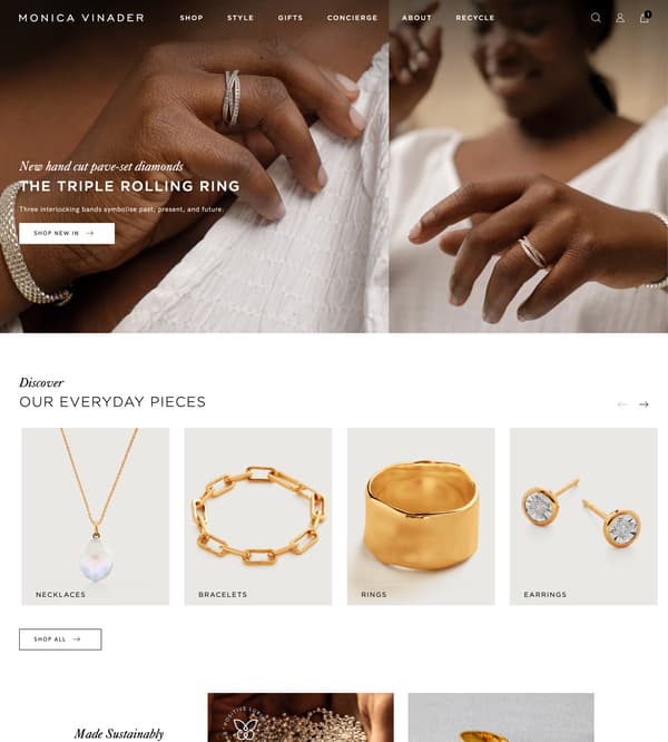 Monica Vinader Shopify jewelry store homepage screenshot